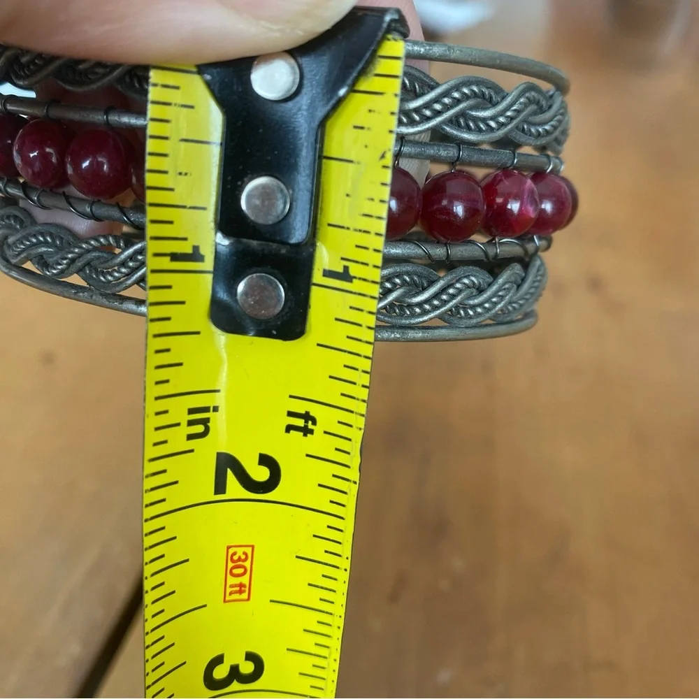 Silver Colored and Red Beaded Adjustable intricate Cuff Bracelet